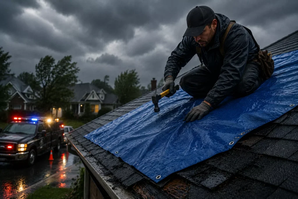 Emergency roof repair work on a damaged roof in Allen TX