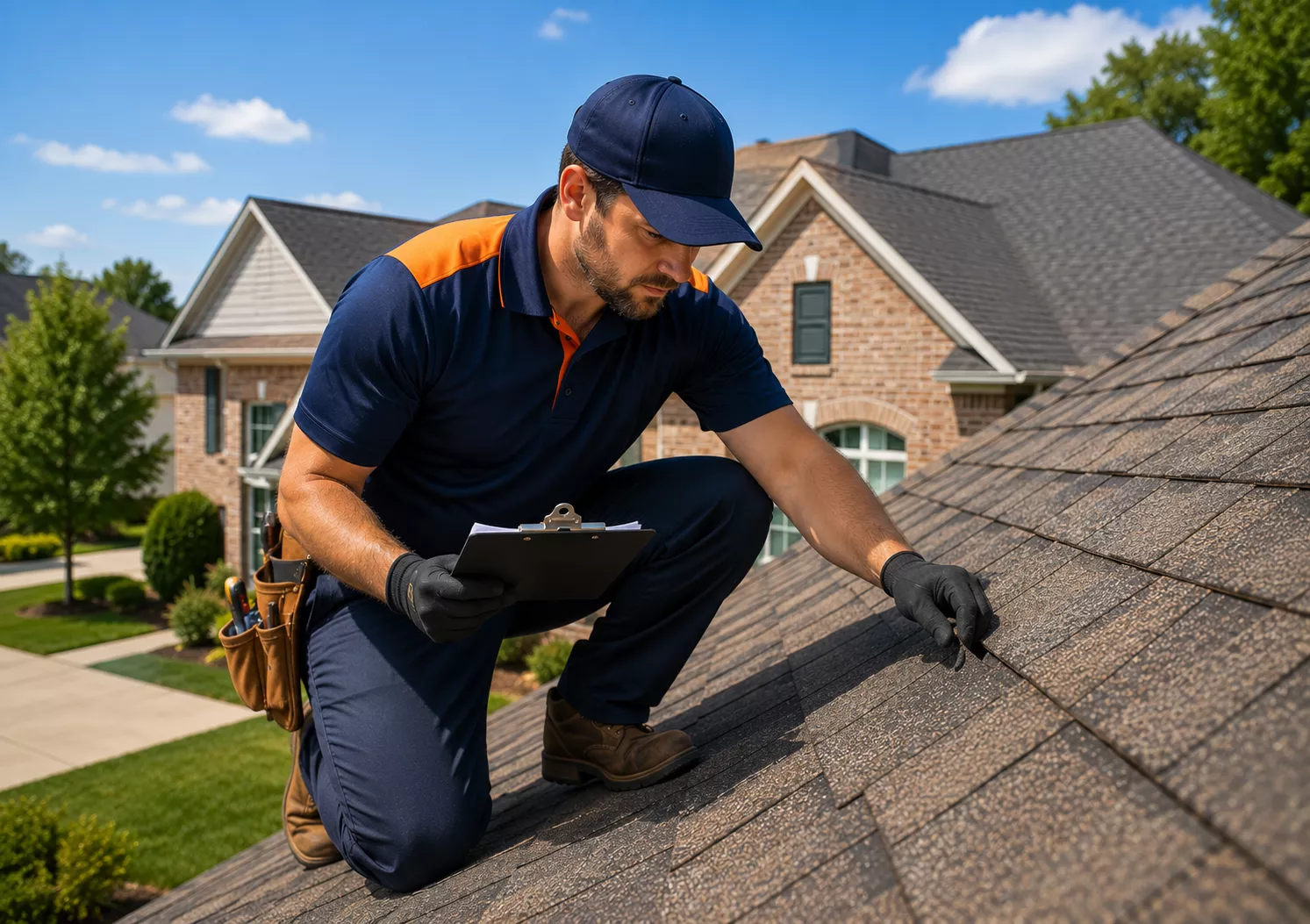 Professional roofer inspecting a residential roof in Allen TX