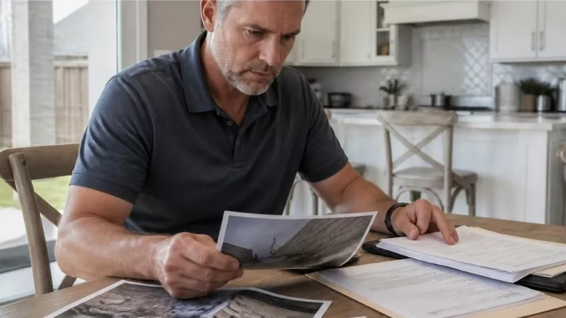 Homeowner reviewing insurance options for storm damaged roof