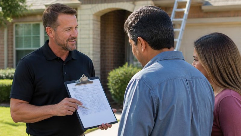 Roofing contractor discussing a repair estimate with an Allen TX homeowner