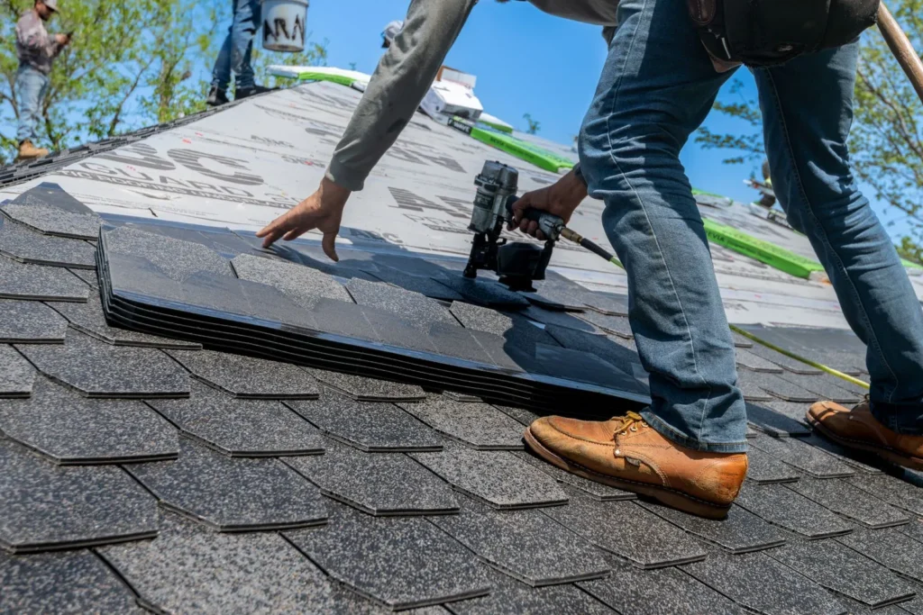 Professional roofer standing on a house roof under a clear sky after completing roof leak repair in Allen TX